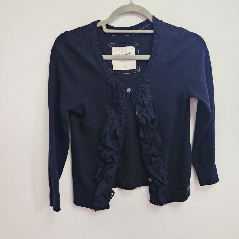 Y2K Abercrombie & Fitch S Women Navy Lace Chiffon Ruffle Cardigan Sweater Ribbed - Picture 3 of 11
